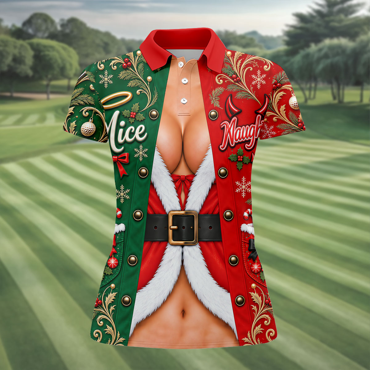 Nice Naughty Busty Santa Christmas Golf Shirt, Womens Golf Tops, Womens Golf Apparel