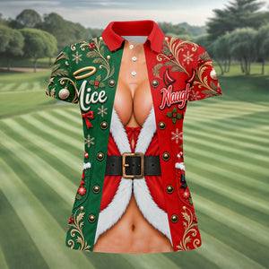 Nice Naughty Busty Santa Christmas Golf Shirt, Womens Golf Tops, Womens Golf Apparel