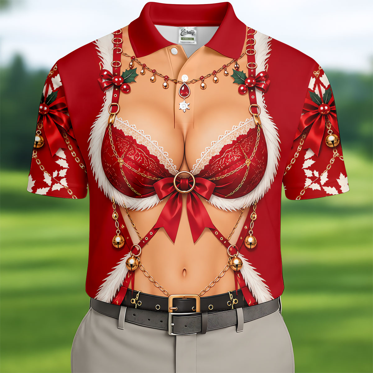 Red Lace Bra Harness Santa Christmas Golf Shirt, Mens Golf Apparel, Golf Polo For Men