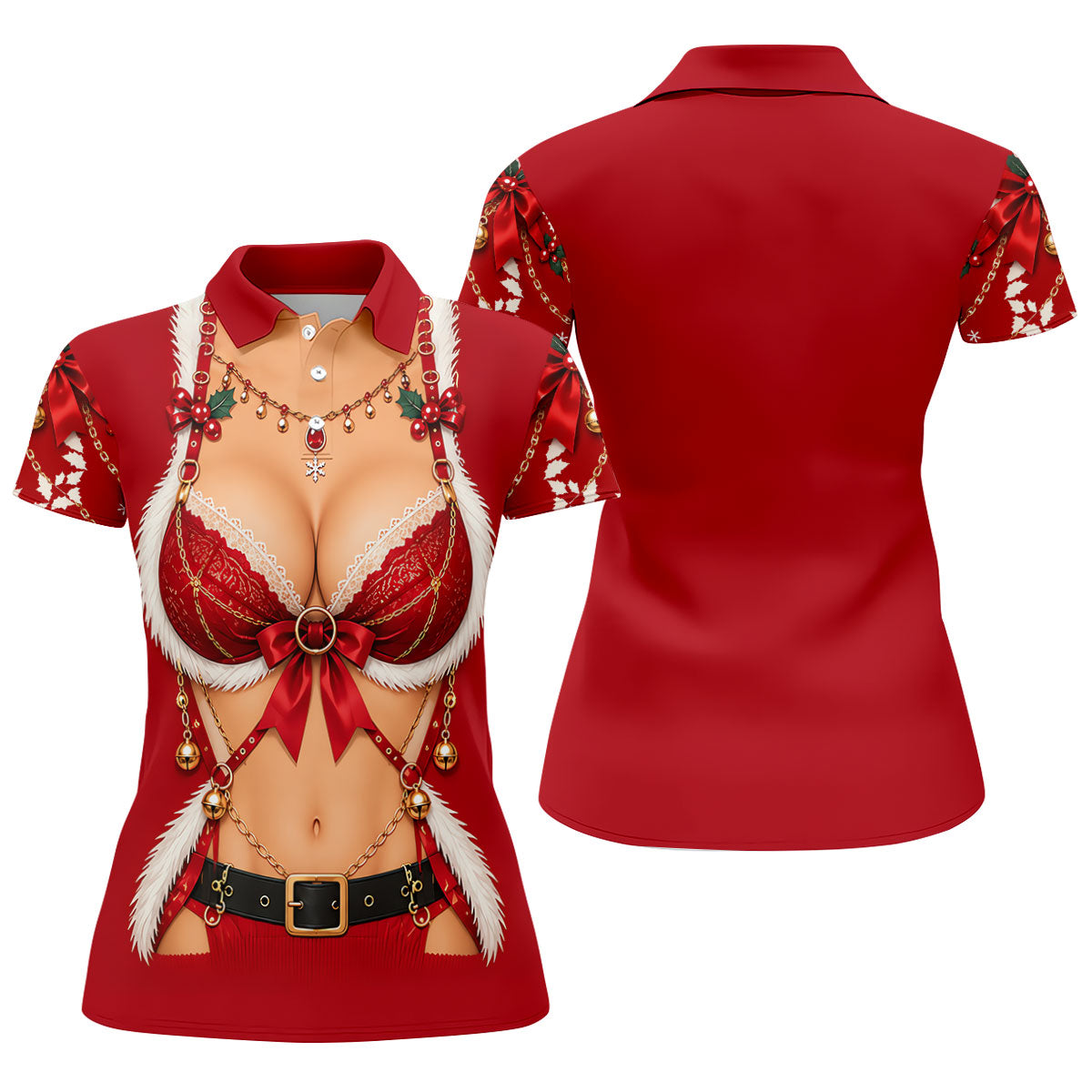 Red Lace Bra Harness Santa Christmas Golf Shirt, Ladies Golf Tops, Womens Golf Shirts
