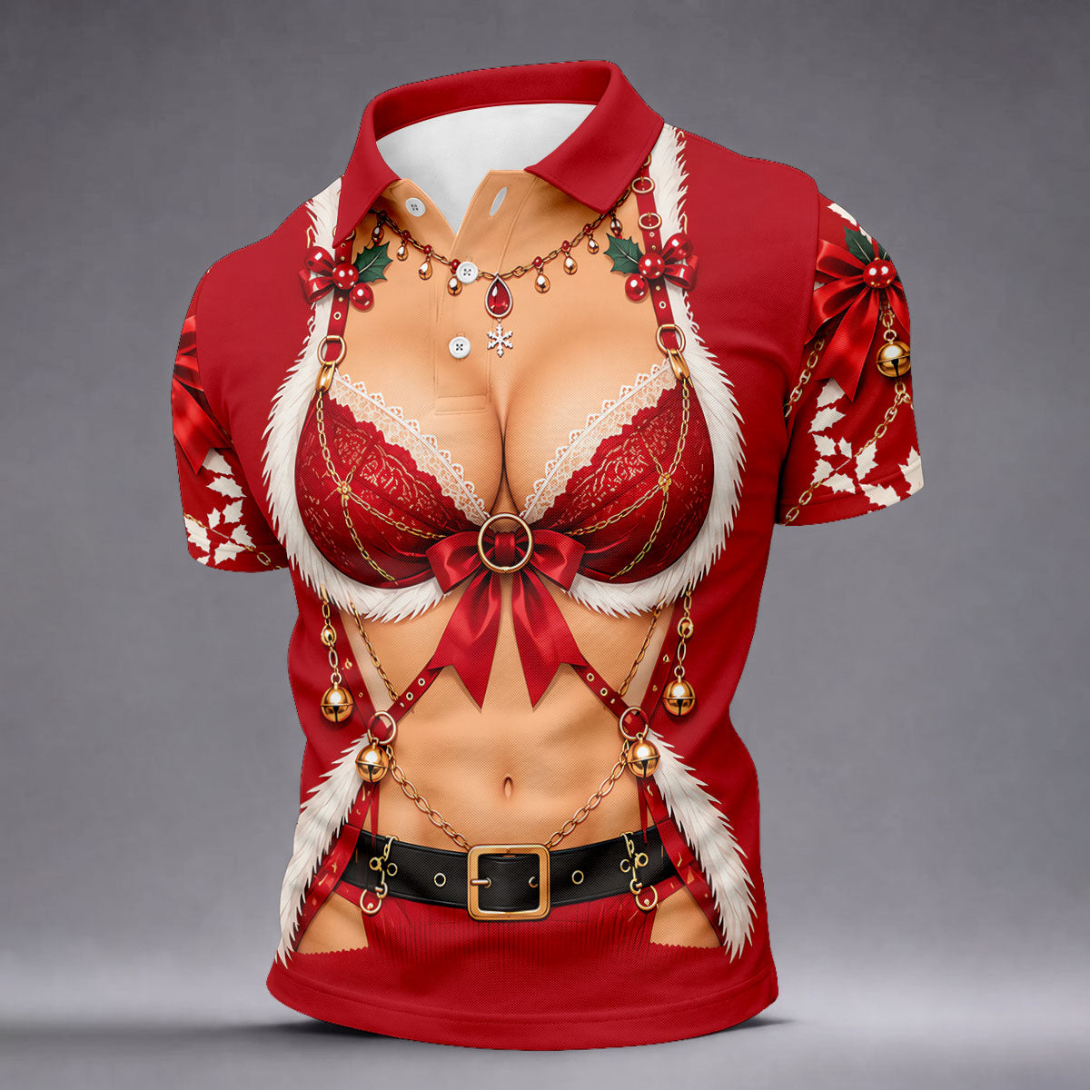 Red Lace Bra Harness Santa Christmas Golf Shirt, Mens Golf Apparel, Golf Polo For Men