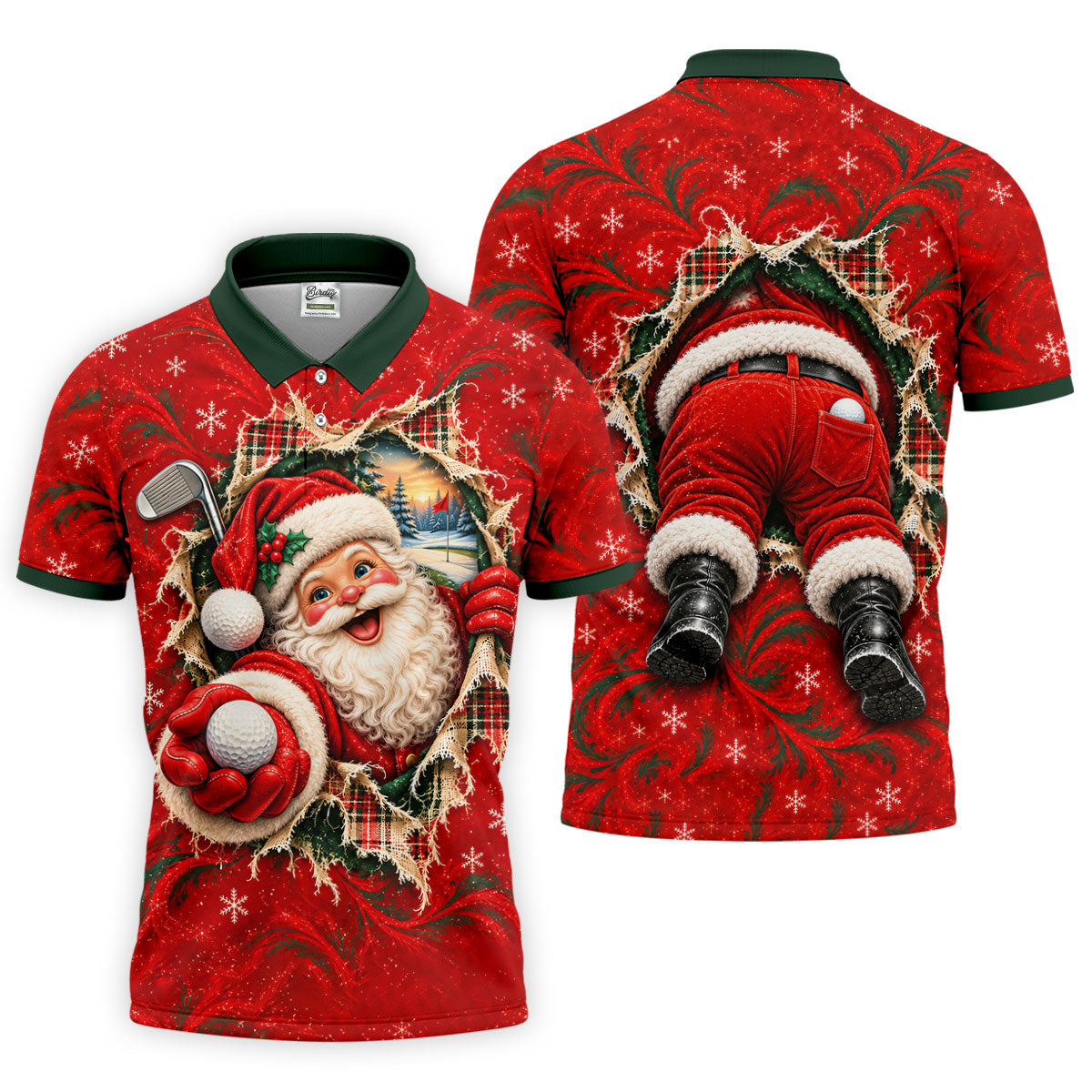 Santa Breaks Through Plaid Christmas Golf Shirt, Golf Gifts For Men, Mens Golf Polo