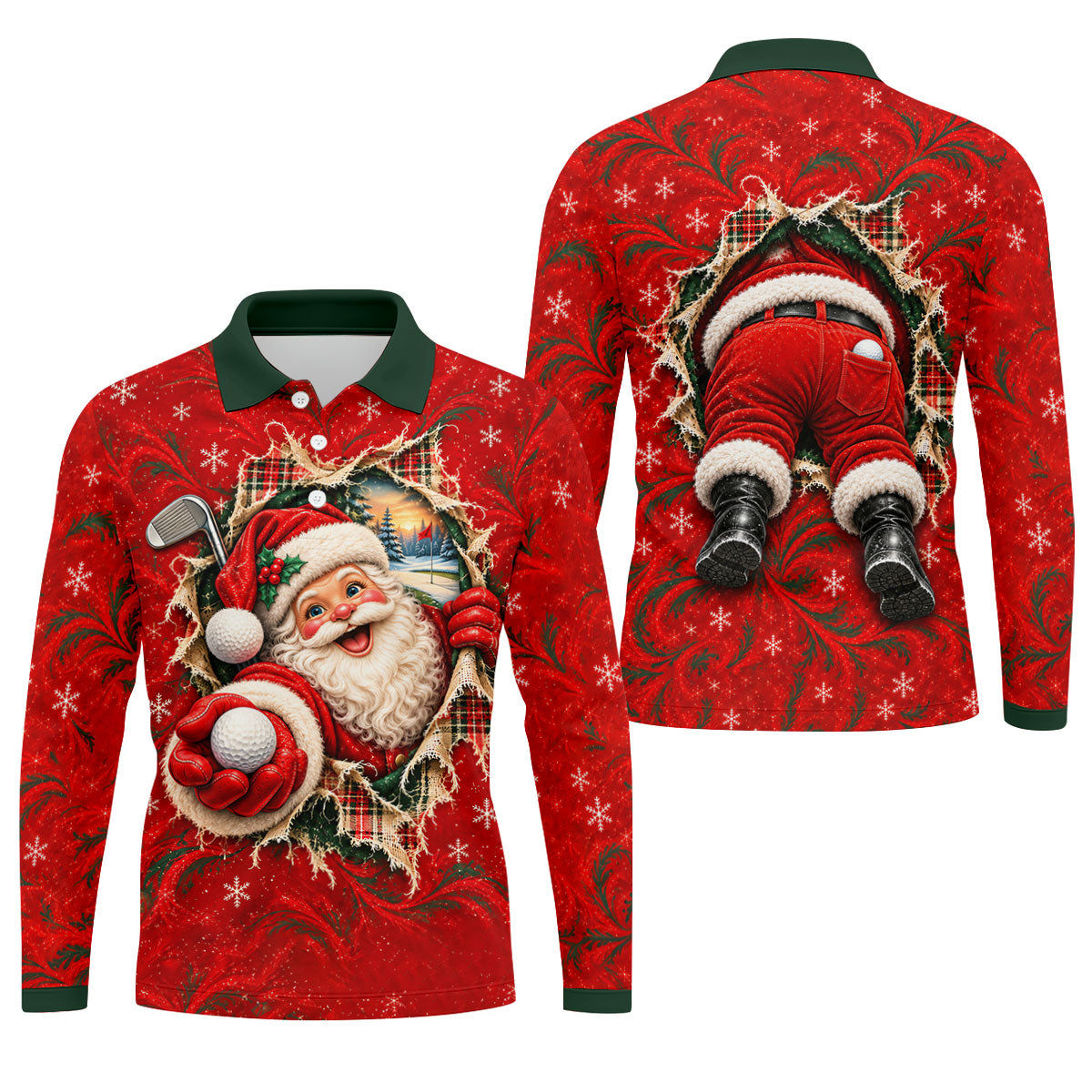 Santa Breaks Through Plaid Christmas Golf Shirt, Golf Gifts For Men, Mens Golf Polo