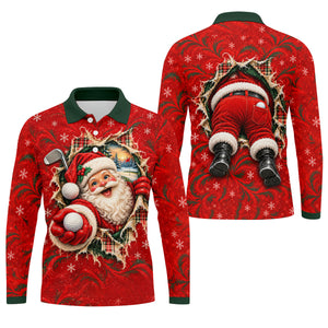 Santa Breaks Through Plaid Christmas Golf Shirt, Golf Gifts For Men, Mens Golf Polo
