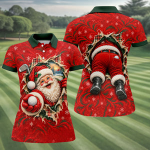 Santa Breaks Through Plaid Christmas Golf Shirt, Womens Golf Shirts, Womens Golf Tops