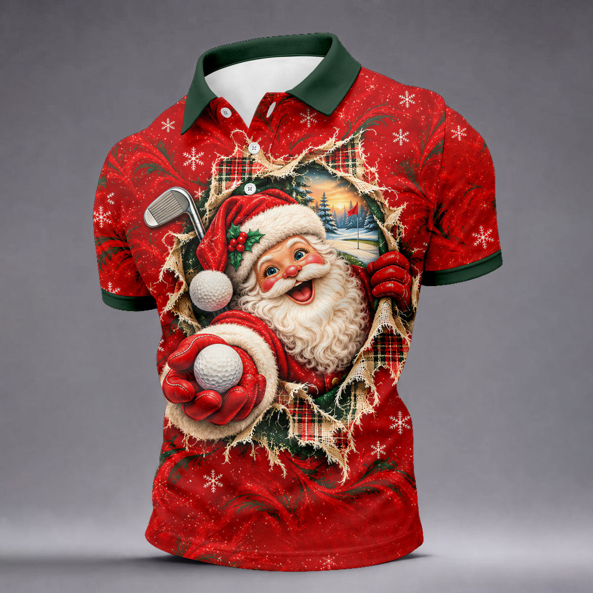 Santa Breaks Through Plaid Christmas Golf Shirt, Golf Gifts For Men, Mens Golf Polo