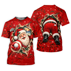 Santa Breaks Through Plaid Christmas Golf Shirt, Womens Golf Shirts, Womens Golf Tops