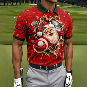 Santa Breaks Through Plaid Christmas Golf Shirt, Golf Gifts For Men, Mens Golf Polo