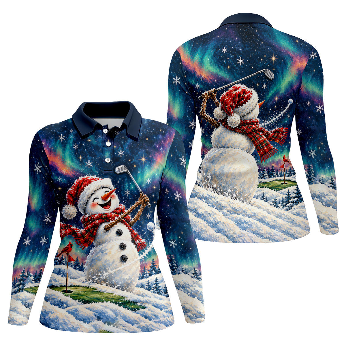 Aurora Snowman Golfer Christmas Golf Shirt, Golf Shirts For Women, Ladies Golf Shirts