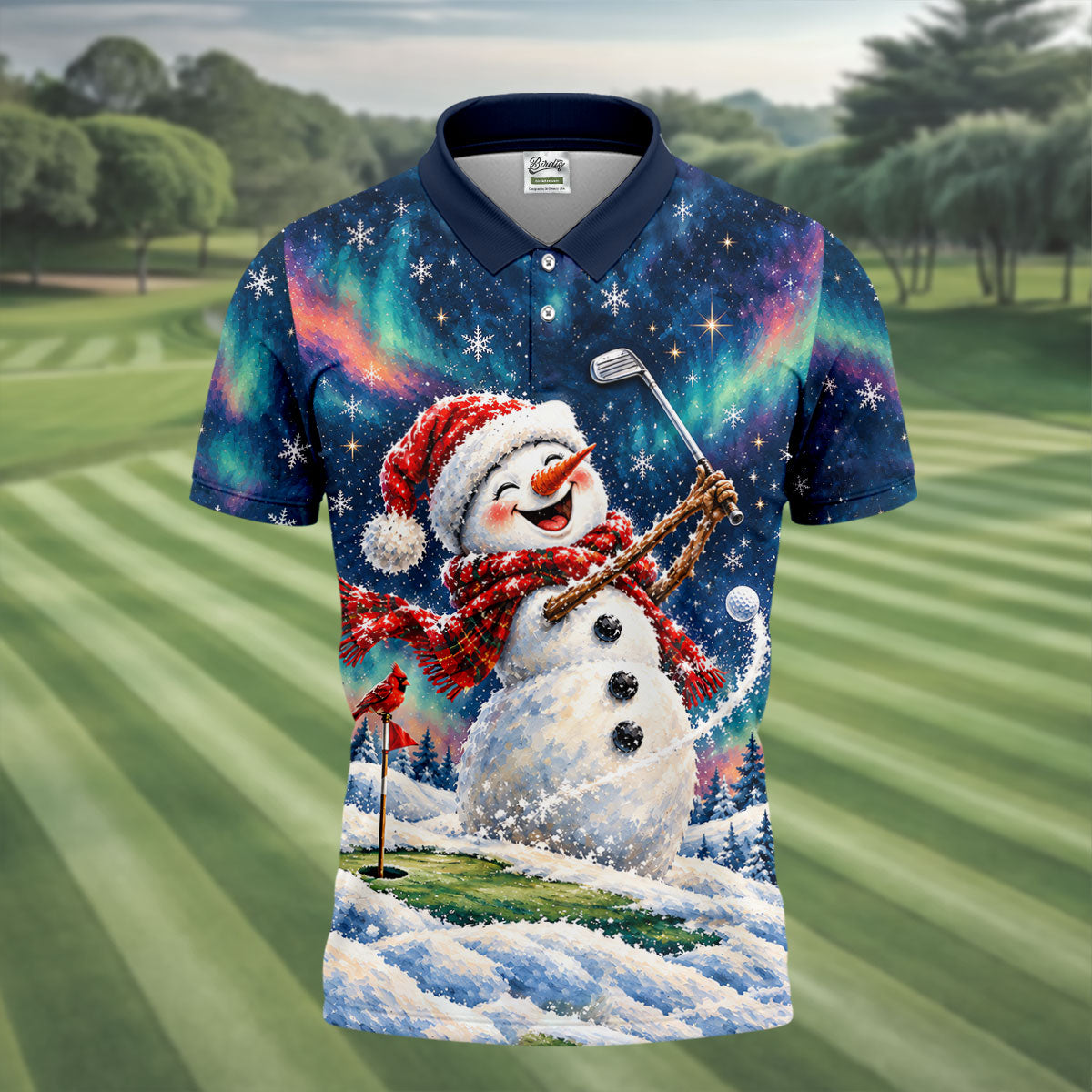 Aurora Snowman Golfer Christmas Golf Shirt, Funny Mens Golf Shirts, Mens Golf Apparel