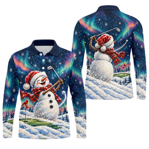 Aurora Snowman Golfer Christmas Golf Shirt, Funny Mens Golf Shirts, Mens Golf Apparel