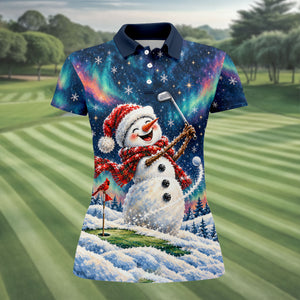 Aurora Snowman Golfer Christmas Golf Shirt, Golf Shirts For Women, Ladies Golf Shirts