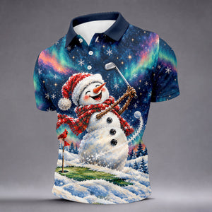 Aurora Snowman Golfer Christmas Golf Shirt, Funny Mens Golf Shirts, Mens Golf Apparel