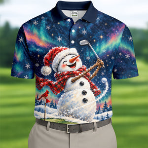 Aurora Snowman Golfer Christmas Golf Shirt, Funny Mens Golf Shirts, Mens Golf Apparel