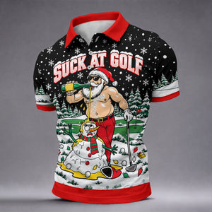 Suck At Golf Santa Beer Christmas Golf Shirt, Funny Mens Golf Shirts, Mens Golf Polo