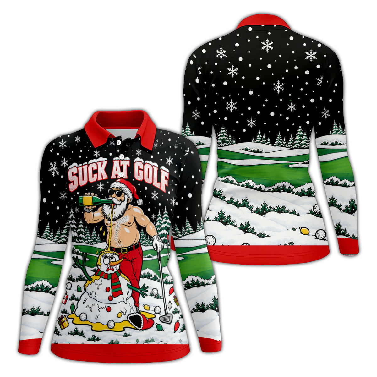 Suck At Golf Santa Beer Christmas Golf Shirt, Womens Golf Shirts, Ladies Golf Apparel