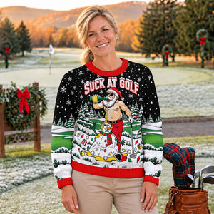 Suck At Golf Santa Beer Ugly Christmas Sweater, Funny Xmas Gift, Christmas Golf Gift