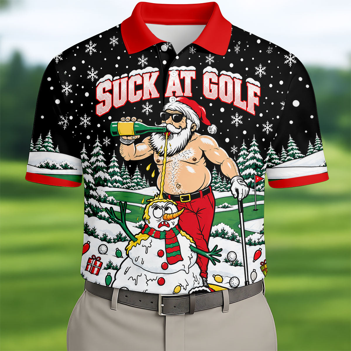 Suck At Golf Santa Beer Christmas Golf Shirt, Funny Mens Golf Shirts, Mens Golf Polo