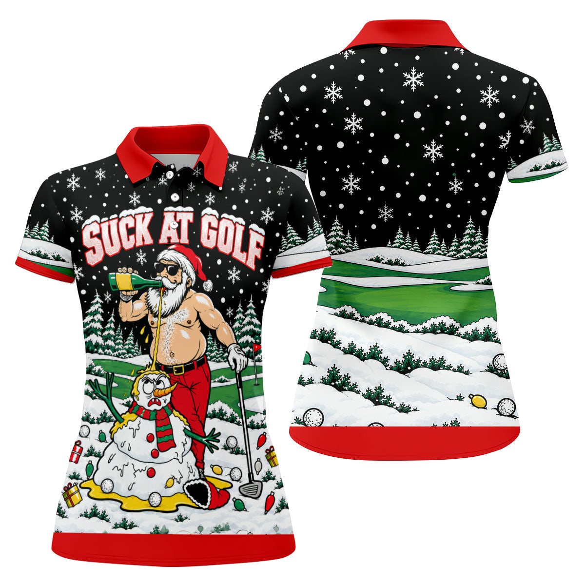 Suck At Golf Santa Beer Christmas Golf Shirt, Womens Golf Shirts, Ladies Golf Apparel