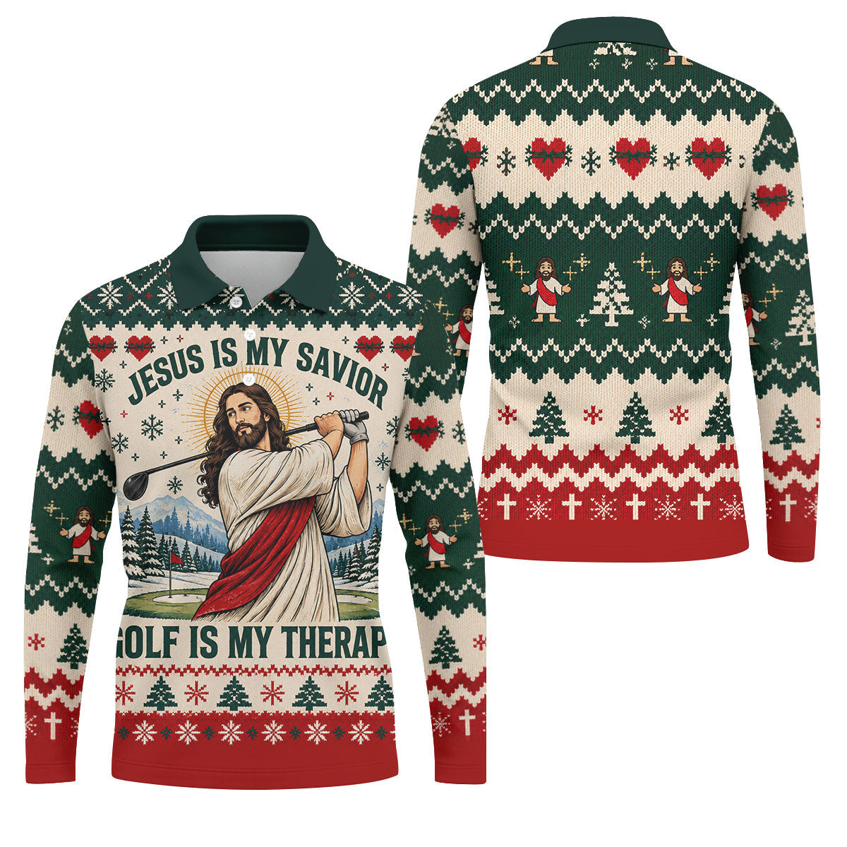 Jesus Savior Golf Therapy Christmas Golf Shirt, Mens Golf Shirts, Mens Golf Apparel