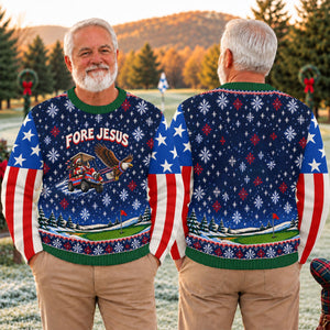 Fore Jesus Eagle Flag Ugly Christmas Sweater, Golf Lover Gifts, Funny Holiday Sweater