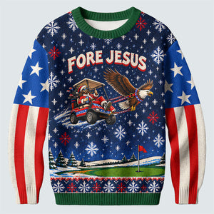 Fore Jesus Eagle Flag Ugly Christmas Sweater, Golf Lover Gifts, Funny Holiday Sweater
