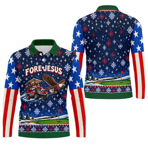 Fore Jesus Eagle Flag Christmas Golf Shirt, Golf Shirts For Men, Mens Golf Shirts