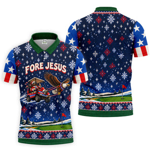 Fore Jesus Eagle Flag Christmas Golf Shirt, Golf Shirts For Men, Mens Golf Shirts