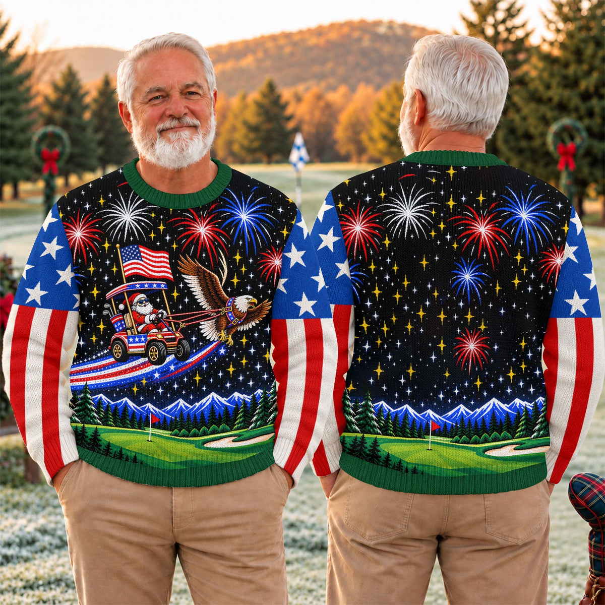 Eagle Santa Golf Cart Ugly Christmas Sweater, Funny Christmas Outfit, Funny Xmas Gift