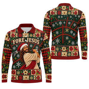 Fore Jesus Santa Hat Christmas Golf Shirt, Mens Golf Shirts, Mens Holiday Golf Shirts
