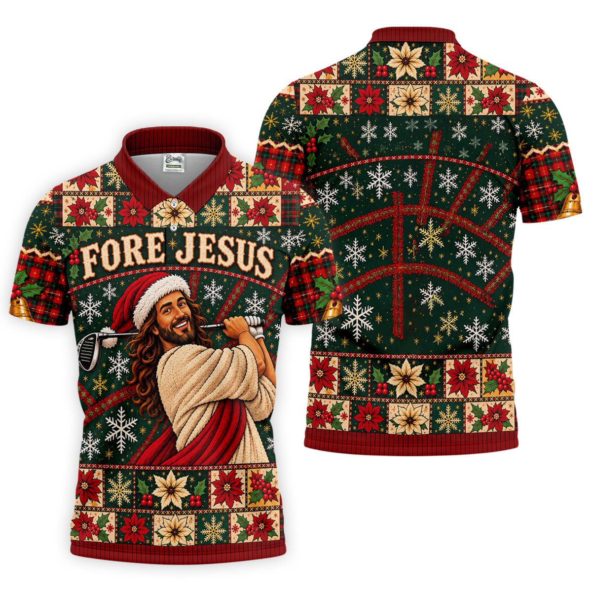 Fore Jesus Santa Hat Christmas Golf Shirt, Mens Golf Shirts, Mens Holiday Golf Shirts