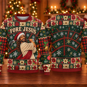 Fore Jesus Santa Hat Ugly Christmas Sweater, Christmas Sweater Gift, Golf Lover Gifts