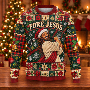 Fore Jesus Santa Hat Ugly Christmas Sweater, Christmas Sweater Gift, Golf Lover Gifts