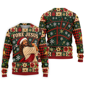 Fore Jesus Santa Hat Christmas Golf Shirt, Mens Golf Shirts, Mens Holiday Golf Shirts