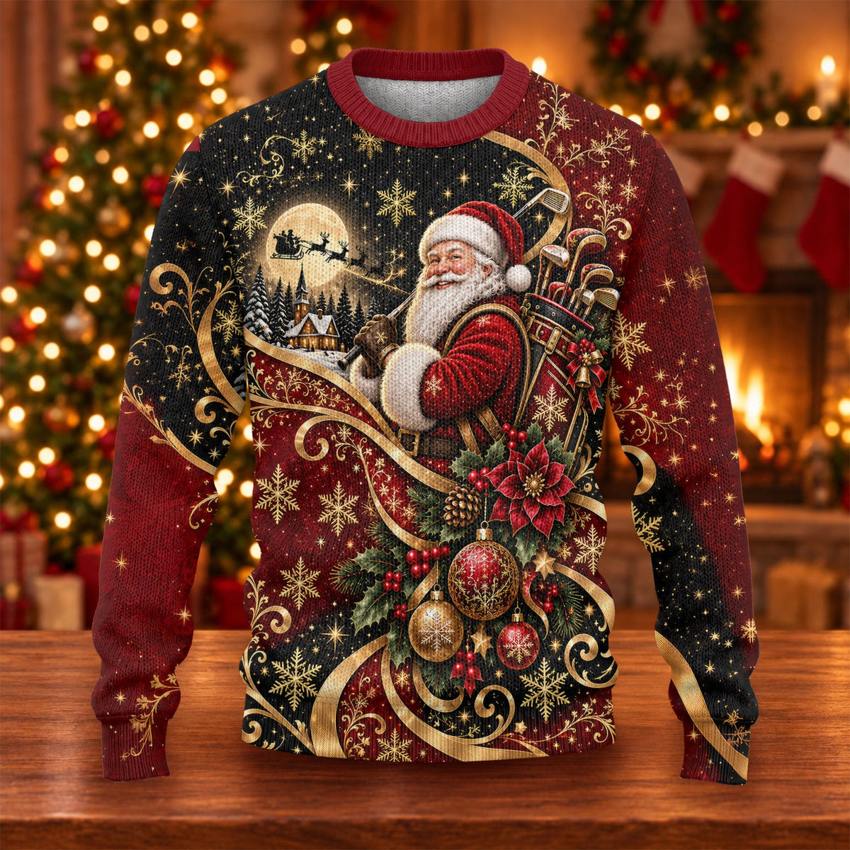 Golden Swirl Santa Golfer Ugly Christmas Sweater, Christmas Gifts, Ugly Sweater Party