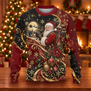 Golden Swirl Santa Golfer Ugly Christmas Sweater, Christmas Gifts, Ugly Sweater Party