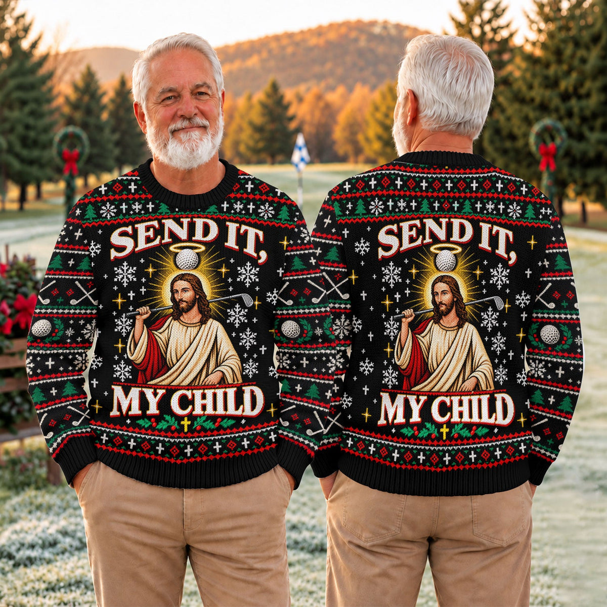 Send It Golf Halo Jesus Ugly Christmas Sweater, Ugly Sweater Party, Golf Lover Gifts
