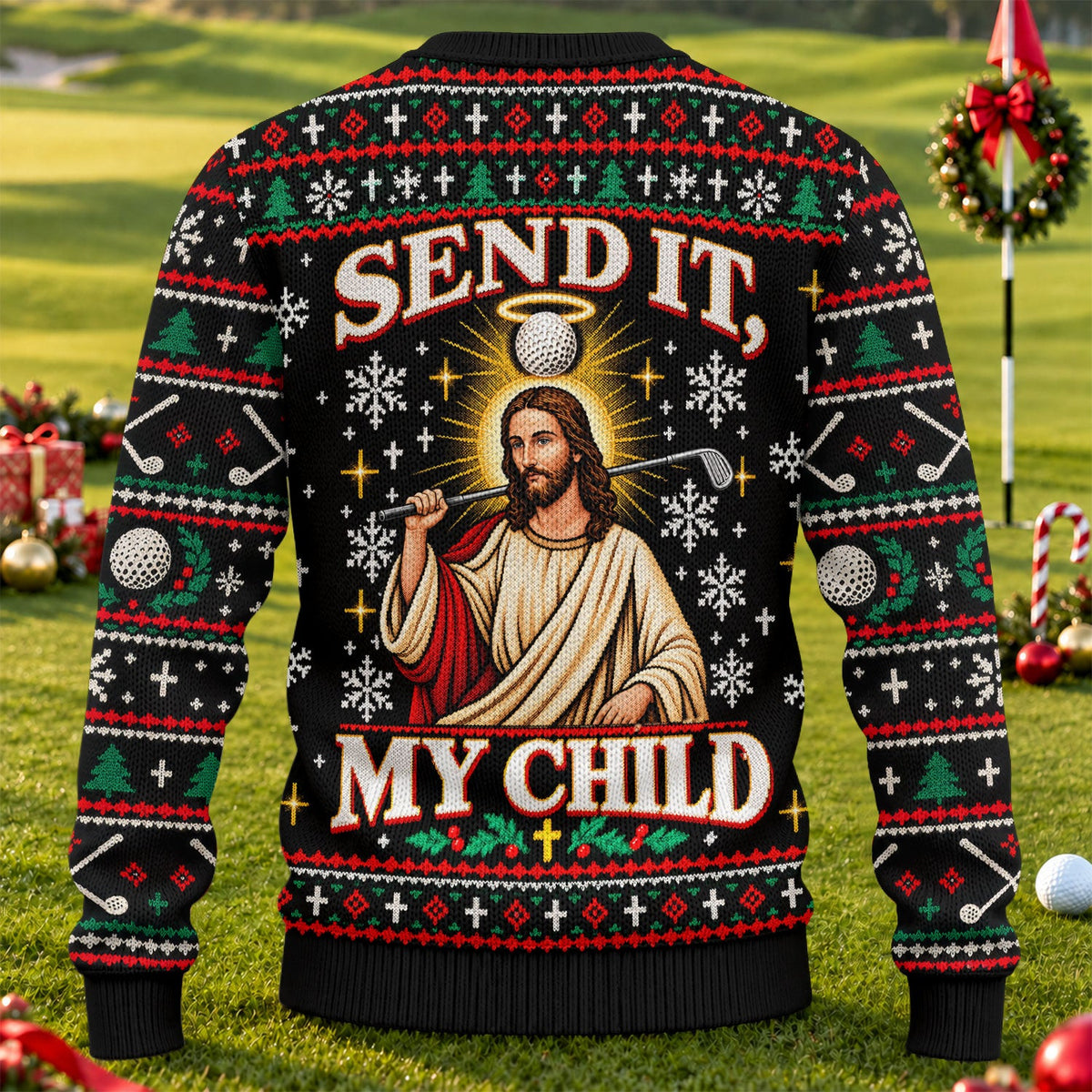 Send It Golf Halo Jesus Ugly Christmas Sweater, Ugly Sweater Party, Golf Lover Gifts
