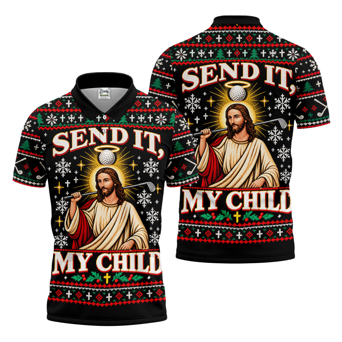 Send It Golf Halo Jesus Christmas Golf Shirt, Mens Golf Apparel, Golf Gifts For Men