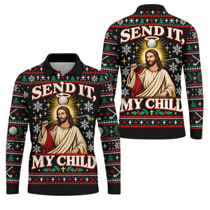 Send It Golf Halo Jesus Christmas Golf Shirt, Mens Golf Apparel, Golf Gifts For Men