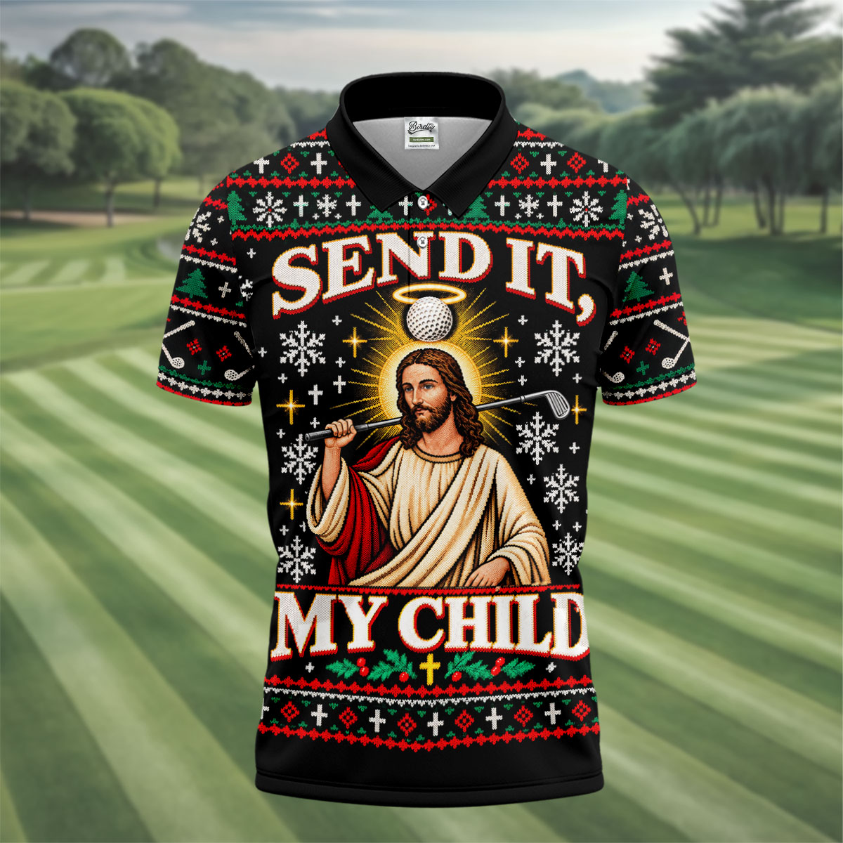 Send It Golf Halo Jesus Christmas Golf Shirt, Mens Golf Apparel, Golf Gifts For Men