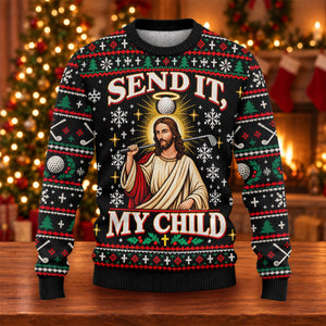 Send It Golf Halo Jesus Ugly Christmas Sweater, Ugly Sweater Party, Golf Lover Gifts