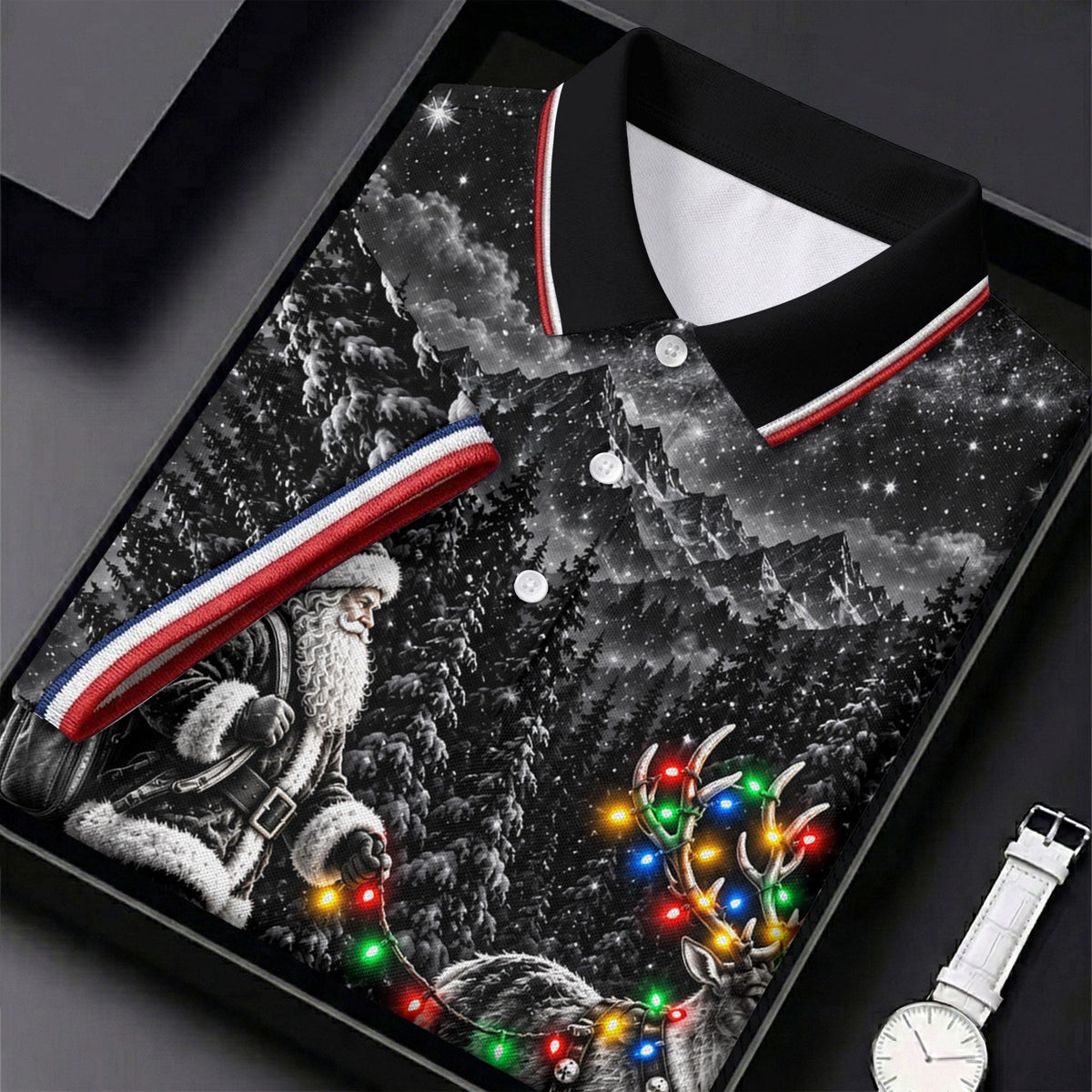 Santa Reindeer Lights Christmas Golf Shirt, Golf Polo For Men, Funny Mens Golf Shirts
