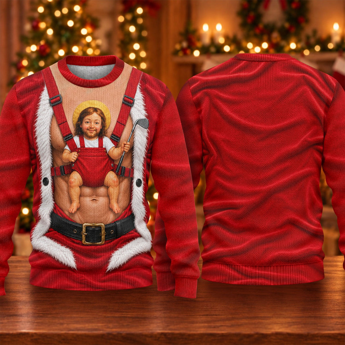 Santa Abs Baby Carrier Ugly Christmas Sweater, Funny Holiday Sweater, Funny Xmas Gift