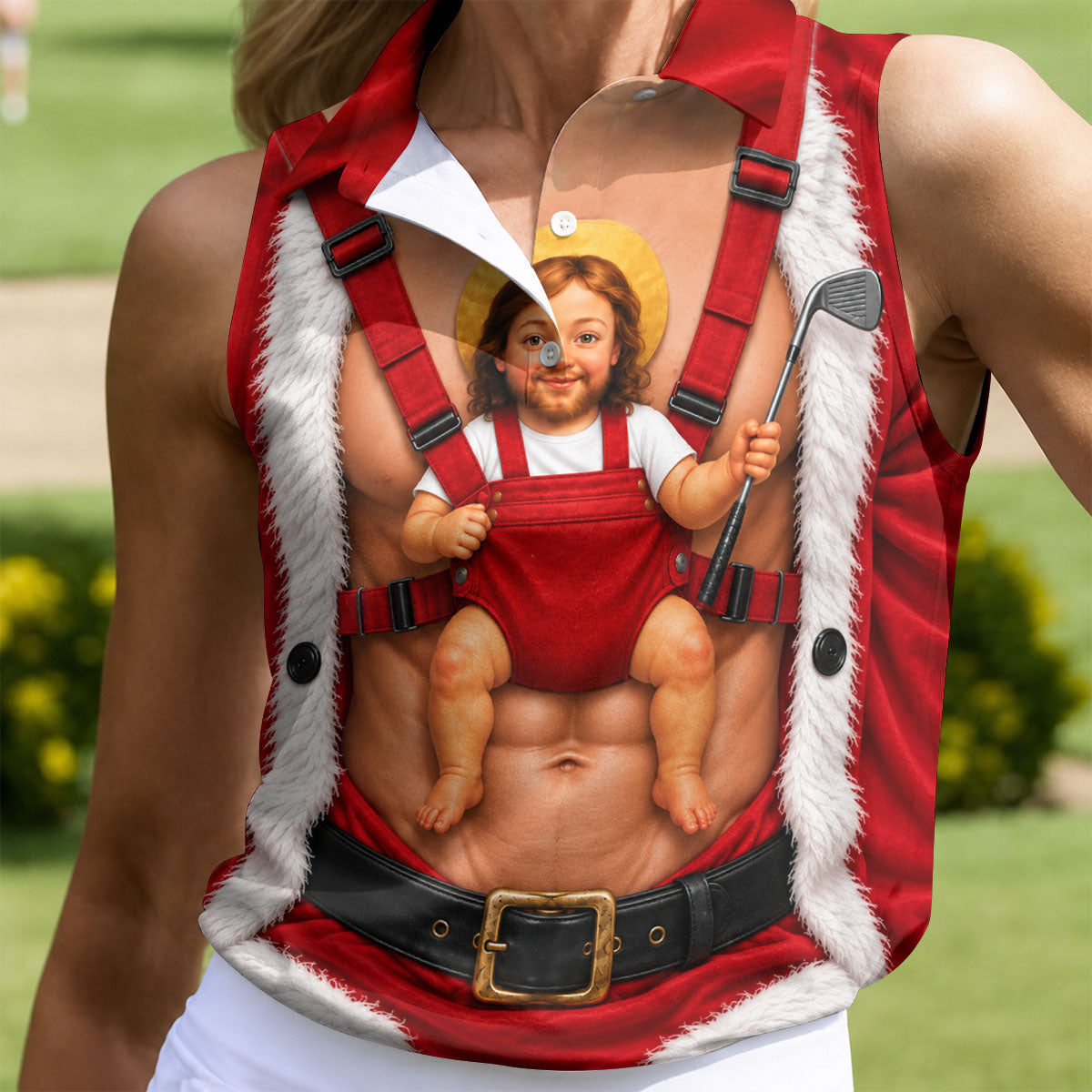 Santa Abs Baby Carrier Christmas Golf Shirt, Golf Shirts For Women, Womens Golf Tops