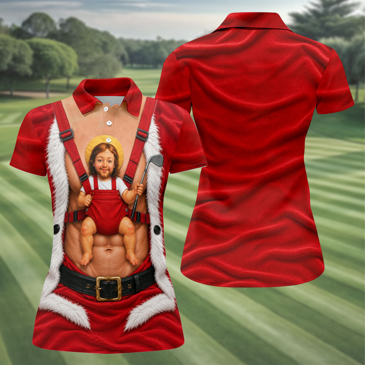 Santa Abs Baby Carrier Christmas Golf Shirt, Golf Shirts For Women, Womens Golf Tops