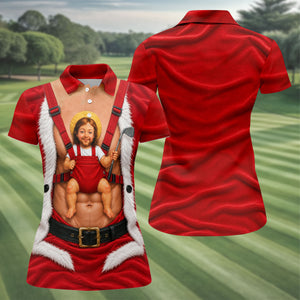 Santa Abs Baby Carrier Christmas Golf Shirt, Golf Shirts For Women, Womens Golf Tops