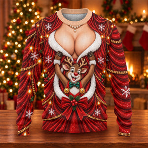Busty Reindeer Santa Suit Ugly Christmas Sweater, Ugly Sweater Party, Funny Xmas Gift