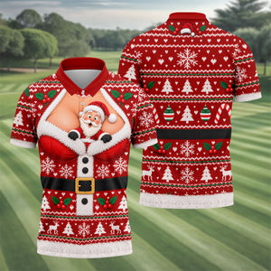 Santa Peeking Busty Knit Christmas Golf Shirt, Funny Mens Golf Shirts, Mens Golf Polo