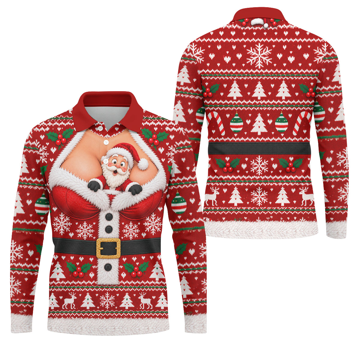 Santa Peeking Busty Knit Christmas Golf Shirt, Funny Mens Golf Shirts, Mens Golf Polo